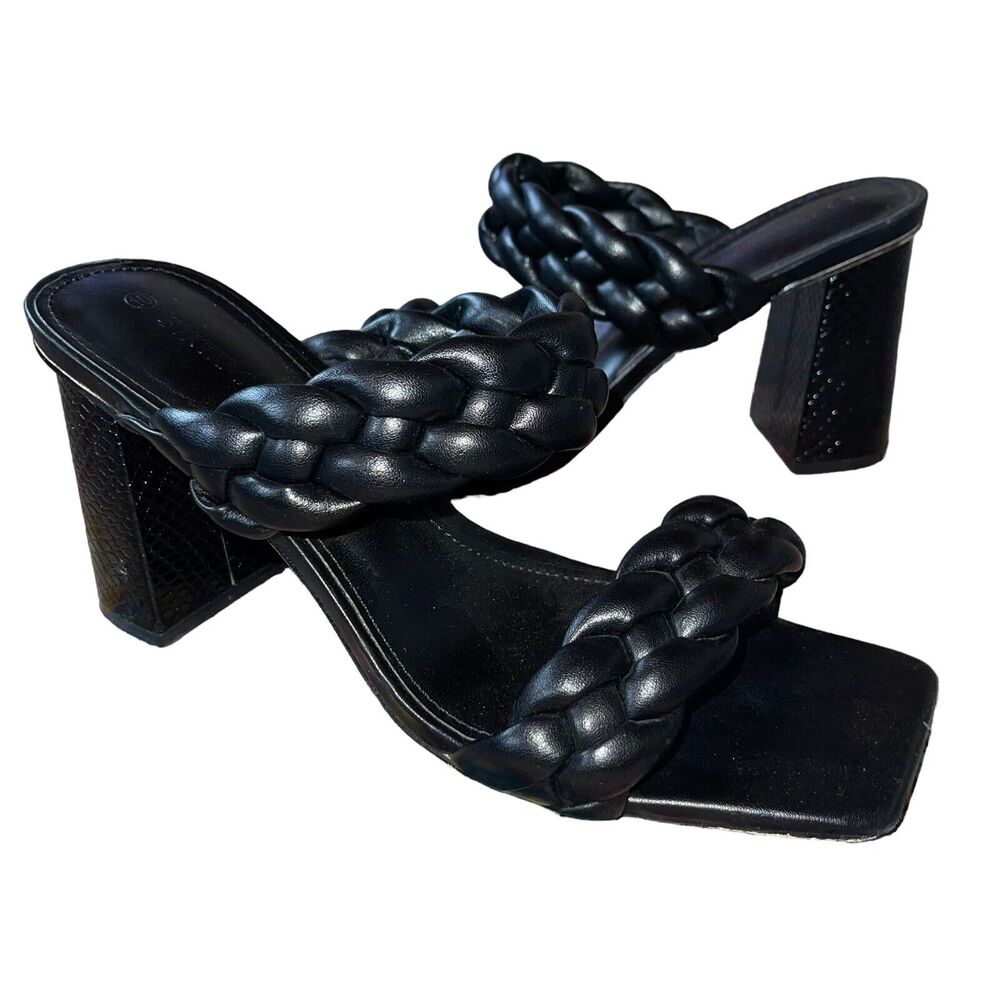 Black Faux Leather Sandals Braided Square Toe - Picture 4 of 9